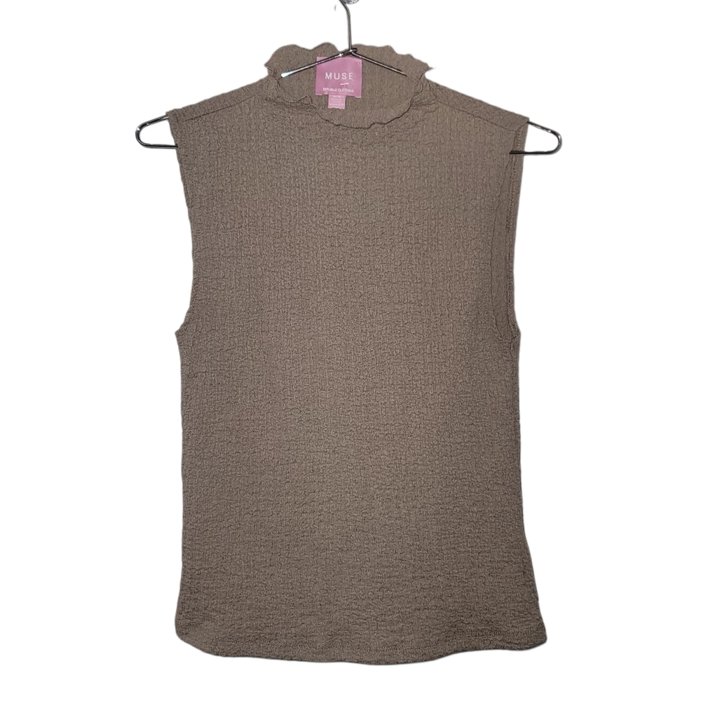 NWT Muse Republic Taupe Ruffled Neck Gauze Top